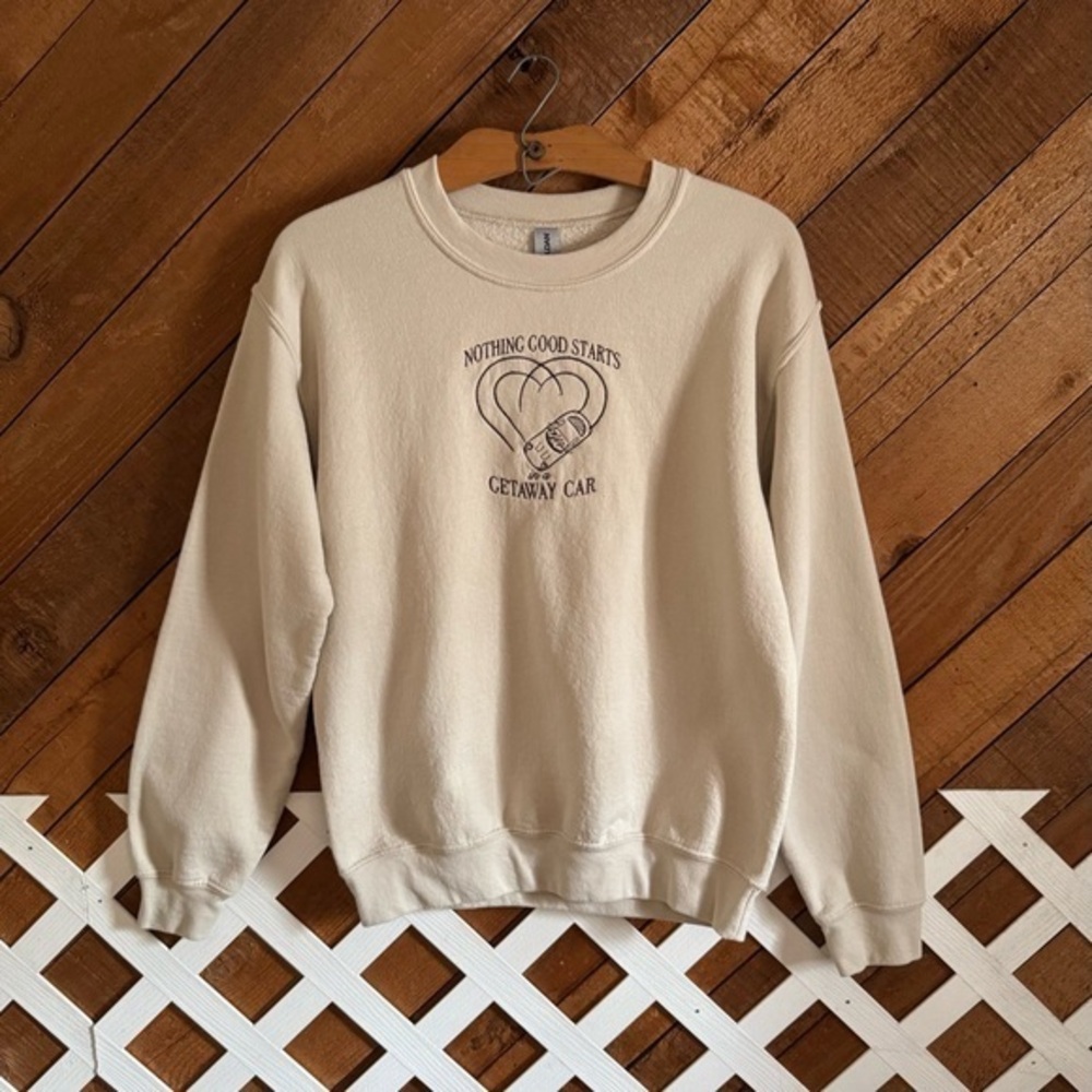Swiftie Nothing Good Ever Happens in a Getaway Car embroidered sweatshirt size S